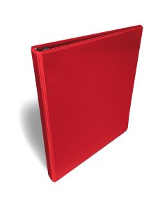 Cartable rouge à anneaux en D de 5/8 po avec pochette transparente pour page personnalisée.