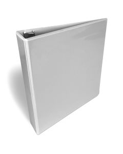 A white 1 ½ inch D-ring binder with a clear view front cover for customizable inserts, designed for organizing documents.