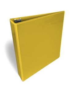Cartable jaune à anneaux en D de 1 ½ po avec pochette transparente pour page personnalisée.